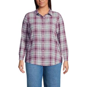 Lands’ End Women’s Flannel Boyfriend Fit Long Sleeve Shirt(Ivory/Light Raspberry Plaid)