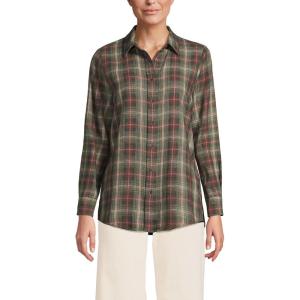 Lands’ End Women’s Flannel Boyfriend Fit Long Sleeve Shirt(Sunwashed Olive Multi Plaid)