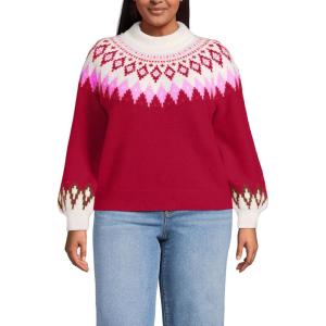 Lands’ End Women’s Fuzzy Turtleneck Lantern Sleeve Jacquard Sweater(Rich Red Fairisle)