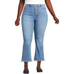 Lands’ End Women’s High Rise Denim Button Front Kick Flare Crop Jeans(Beau Blue)