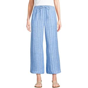 Lands’ End Women’s High Rise Pull On Drawstring Linen Wide Leg Crop Pants(Soft Blue Linen Stripe)