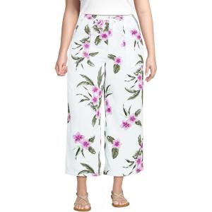Lands’ End Women’s High Rise Pull On Drawstring Linen Wide Leg Crop Pants(White/Magenta Plumeria)