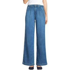 Lands’ End Women’s High Rise Soft Denim Pleated Wide Leg Trousers(Indigo Tide Blue)
