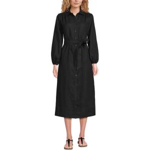 Lands’ End Women’s Linen Long Sleeve Midi Shirt Dress(Black)