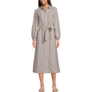 Lands’ End Women’s Linen Long Sleeve Midi Shirt Dress(Toasted Rye Stripe)
