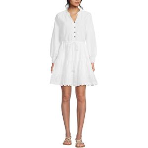 Lands’ End Women’s Long Sleeve Eyelet Mini Popover Dress(White Eyelet)
