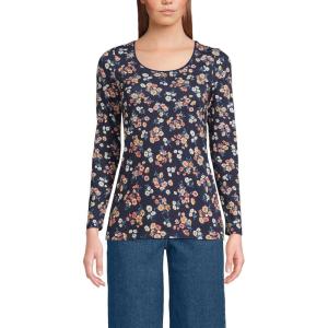 Lands’ End Women’s Long Sleeve Lightweight Jersey Scoop Neck T-Shirt(Deep Sea Colorful Floral)