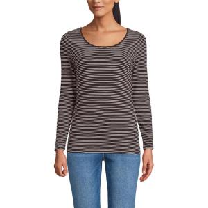 Lands’ End Women’s Long Sleeve Lightweight Jersey Scoop Neck T-Shirt(Rich Coffee Thin Stripe)