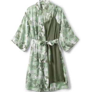 Lands’ End Women’s Matte Satin 2 Piece Pajama Set – Nightgown and Robe(Icy Mint Green Floral Blooms)