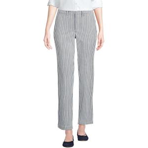 Lands’ End Women’s Mid Rise Classic Straight Leg Chino Ankle Pants(Ivory/Deep Sea Awning Stripe)