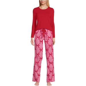 Lands’ End Women’s Pajama Set Knit Long Sleeve T-Shirt and Flannel Pants(Aurora Pink/Red Bows)