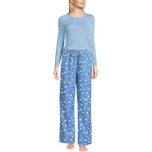 Lands’ End Women’s Pajama Set Knit Long Sleeve T-Shirt and Flannel Pants(Chicory Blue Snowman)