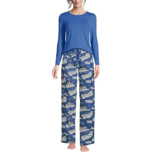 Lands’ End Women’s Pajama Set Knit Long Sleeve T-Shirt and Flannel Pants(Cobalt Blue Holiday Penguins)