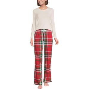 Lands’ End Women’s Pajama Set Knit Long Sleeve T-Shirt and Flannel Pants(Compass Red/Emerald Plaid)