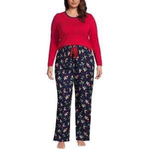 Lands’ End Women’s Pajama Set Knit Long Sleeve T-Shirt and Flannel Pants(Deep Sea Navy Holiday Pups)