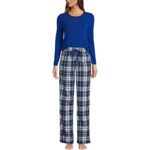 Lands’ End Women’s Pajama Set Knit Long Sleeve T-Shirt and Flannel Pants(Deep Sea Navy/Ivory Plaid)