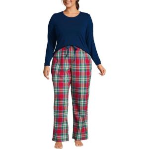 Lands’ End Women’s Pajama Set Knit Long Sleeve T-Shirt and Flannel Pants(Heritage Red Plaid)