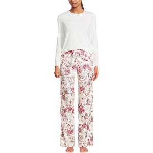 Lands’ End Women’s Pajama Set Knit Long Sleeve T-Shirt and Flannel Pants(Ivory/Red Winter Village)