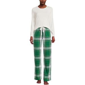 Lands’ End Women’s Pajama Set Knit Long Sleeve T-Shirt and Flannel Pants(Light Emerald Plaid)