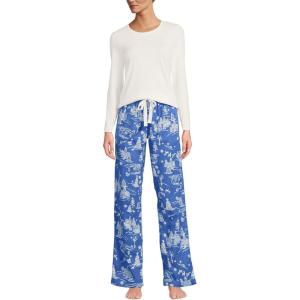 Lands’ End Women’s Pajama Set Knit Long Sleeve T-Shirt and Flannel Pants(Muted Cobalt Winter Village)