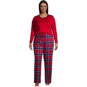 Lands’ End Women’s Pajama Set Knit Long Sleeve T-Shirt and Flannel Pants(Rich Red Multi Plaid)