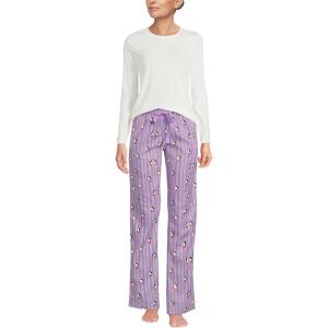 Lands’ End Women’s Pajama Set Knit Long Sleeve T-Shirt and Flannel Pants(Whisper Lilac Playful Puffins)