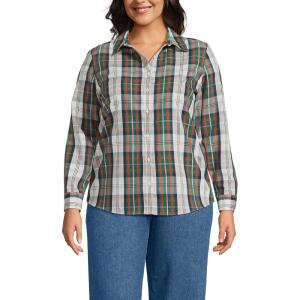 Lands’ End Women’s Pinwale Cord Long Sleeve Shirt(Ivor/Red Multi Color Plaid)