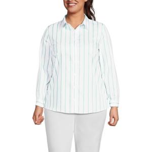 Lands’ End Women’s Pinwale Cord Long Sleeve Shirt(White/Aqua Classic Stripe)