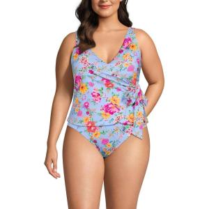 Lands’ End Women’s Plus Size DD-Cup Side Tie Tankini Top(Cloud Blue Romantic Floral)
