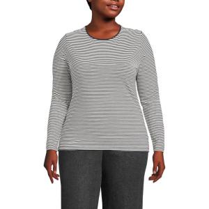Lands’ End Women’s Plus Size Lightweight Jersey Skimming Long Sleeve Crew Neck T-Shirt(Black Micro Stripe)