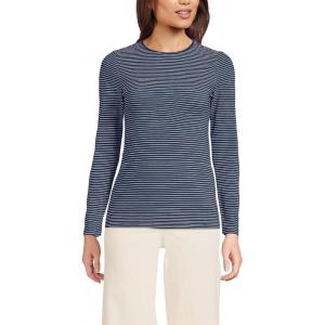 Lands’ End Women’s Plus Size Lightweight Jersey Skimming Long Sleeve Crew Neck T-Shirt(Deep Sea Navy Thin Stripe)