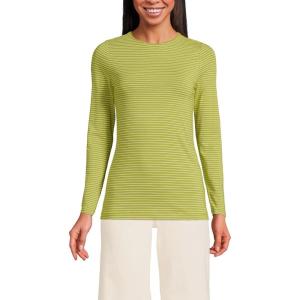 Lands’ End Women’s Plus Size Lightweight Jersey Skimming Long Sleeve Crew Neck T-Shirt(Vintage Lime Thin Stripe)