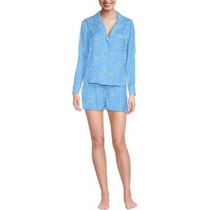 Lands’ End Women’s Plus Size Matte Satin 2 Piece Pajama Set – Long Sleeve Top and Shorts(Bermuda Blue Snow Drop Floral)
