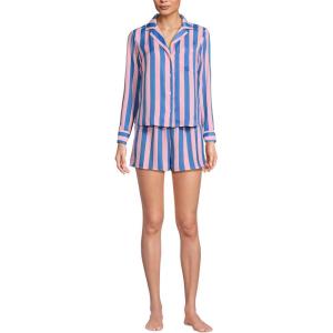 Lands’ End Women’s Plus Size Matte Satin 2 Piece Pajama Set – Long Sleeve Top and Shorts(Light Rose Pink/Brisk Blue)