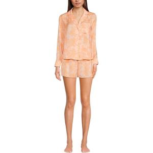 Lands’ End Women’s Plus Size Matte Satin 2 Piece Pajama Set – Long Sleeve Top and Shorts(Orange Mist Romantic Floral)