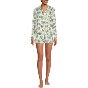 Lands’ End Women’s Plus Size Matte Satin 2 Piece Pajama Set – Long Sleeve Top and Shorts(White Leopards)