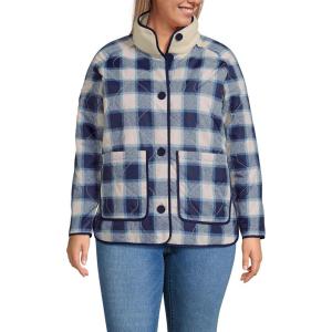 Lands’ End Women’s Plus Size Sherpa Fleece Reversible Mixed Media Long Jacket 1X Ivory/Navy Check