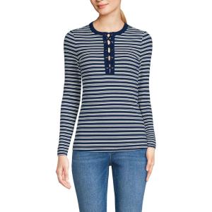 Lands’ End Women’s Polished Rib Tie Henley Top(Deep Sea Navy Dual Stripe)