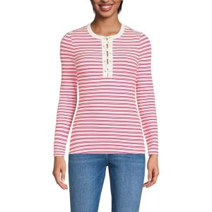 Lands’ End Women’s Polished Rib Tie Henley Top(Ivory/Berry Rouge Dual Stripe)