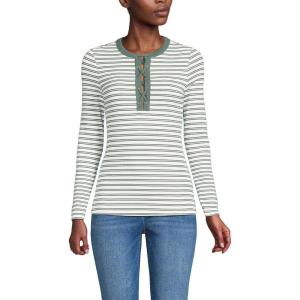 Lands’ End Women’s Polished Rib Tie Henley Top(Spruce Dual Stripe)