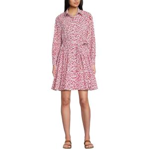 Lands’ End Women’s Poplin Button Front Dress with Godets(White/Coral Red Painted Posies)