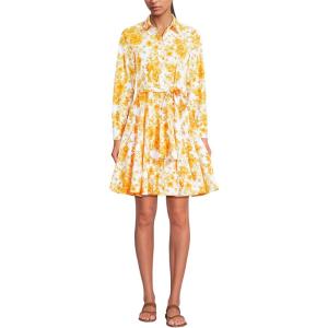 Lands’ End Women’s Poplin Button Front Dress with Godets(Yellow Mosaic Floral)