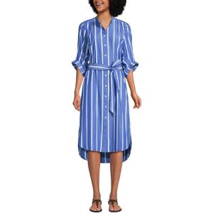 Lands’ End Women’s Poplin Oversized Puff Sleeve Midi Shirt Dress(Blue/White Shadow Stripe)