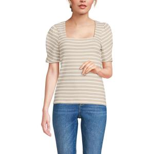 Lands’ End Women’s Puff Sleeve Mariner Square Neck Top(Champagne/Ivory Breton Stripes)