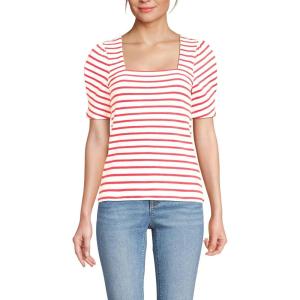 Lands’ End Women’s Puff Sleeve Mariner Square Neck Top(Ivory/Berry Breton Stripes)