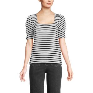 Lands’ End Women’s Puff Sleeve Mariner Square Neck Top(Oyster/Black Breton Stripes)
