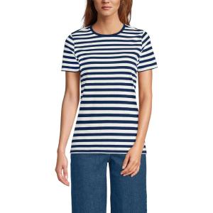 Lands’ End Women’s Relaxed American-Grown Supima Cotton Crew Neck T-Shirt(Deep Sea Navy Even Stripe)