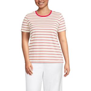 Lands’ End Women’s Relaxed American-Grown Supima Cotton Crew Neck T-Shirt(Ivory/Poppy Double Stripe)