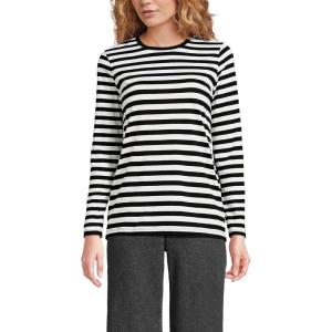 Lands’ End Women’s Relaxed American-Grown Supima Cotton Long Sleeve Crew Neck T-Shirt(Black Even Stripe)