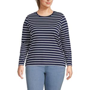 Lands’ End Women’s Relaxed American-Grown Supima Cotton Long Sleeve Crew Neck T-Shirt(Deep Sea Navy Breton Stripe)